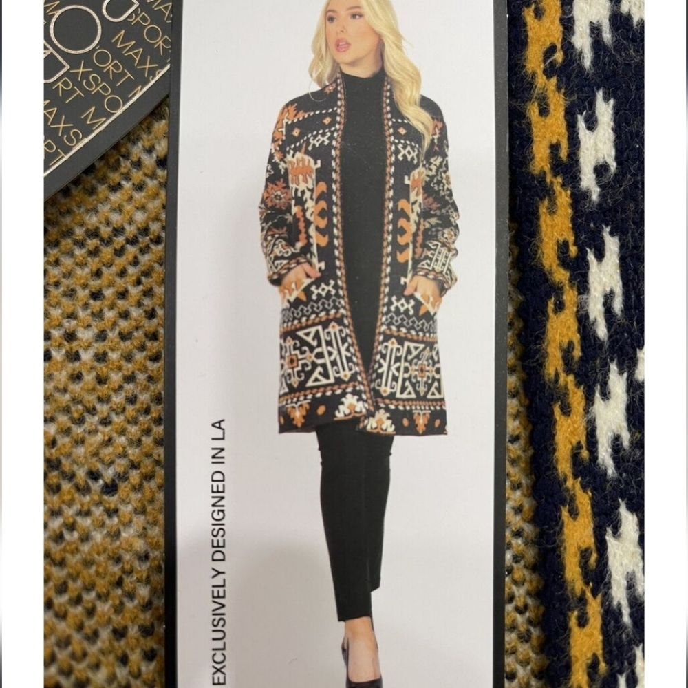 MAX STUDIO BCBG Navy Blue & Gold Long Jacket Cardigan Sz M